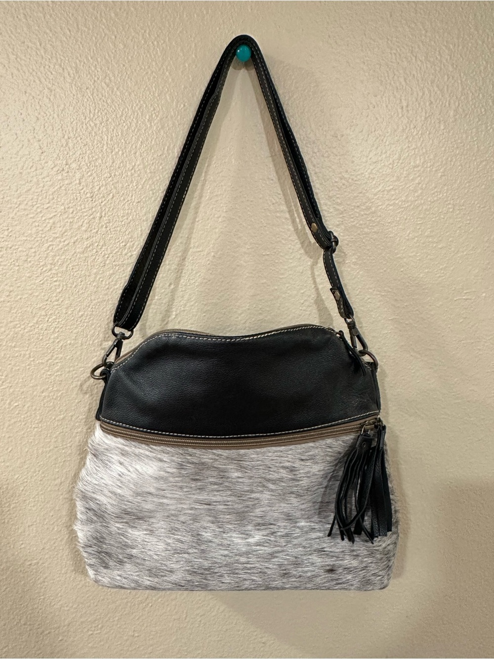 Myra Bag Black and Gray Shoulder Bag with Tassel